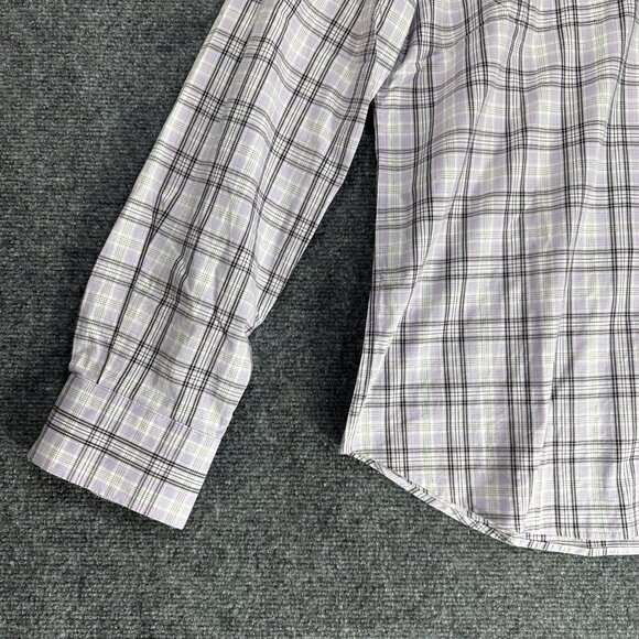 Express Shirt Mens Large Fitted Button Up Purple Stretch Plaid Roll Tab Sleeve - Picture 4 of 10